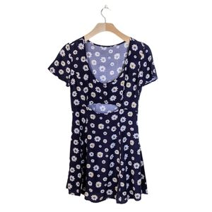 Navy Blue Daisy Floral Cutout Button Up Dress
